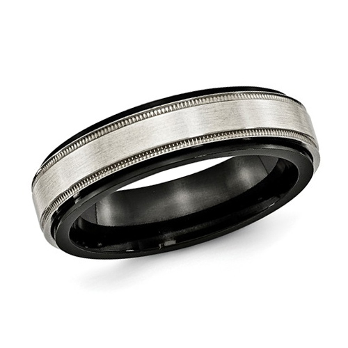 Edward Mirell 6mm Black Titanium Ring Milgrain Argentium Silver Inlay