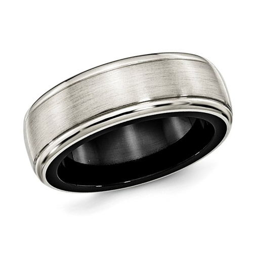 Edward Mirell 8mm Black Titanium Ring Argentium Silver Grooved Edges