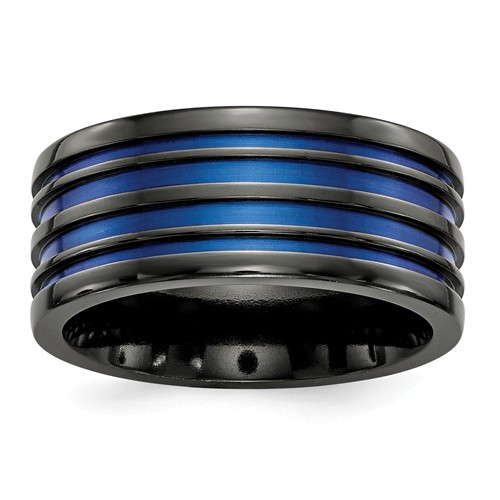 Edward Mirell Black Titanium Ring with Four Blue Lines 10mm