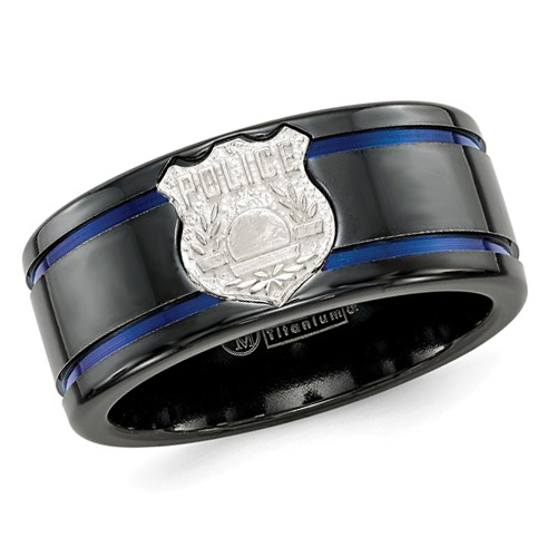 Edward Mirell 10mm Black Titanium Police Badge Ring with Blue Lines