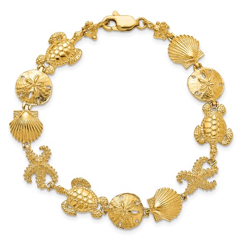 14k Yellow Gold Starfish Shell Sand Dollar Sea Turtle Bracelet