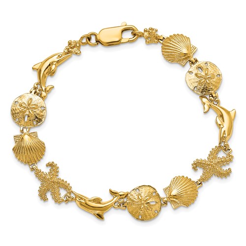 14k Yellow Gold Dolphin Starfish Shell Sand Dollar Charm Bracelet