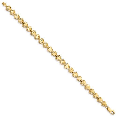 14k Yellow Gold Diamond-cut Heart Charm Bracelet 7in