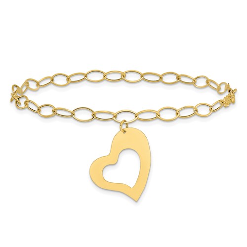 14k Yellow Gold Oval Link Open Chain with Heart Bracelet 7.5in