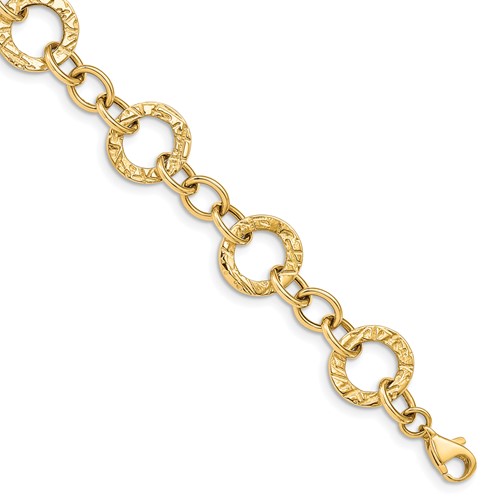 14k Yellow Gold Polished Oval and Textured Circle Link Bracelet 7.25in