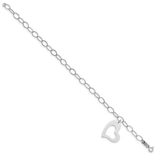14k White Gold Oval Link Open Chain with Heart Bracelet 7.5in