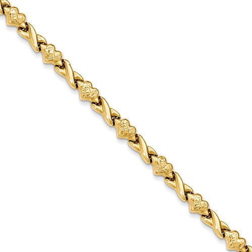14k Yellow Gold Textured Heart and X Link Bracelet 7in