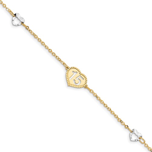 14k Two-tone Gold Quinceanera 15 Heart Bracelet