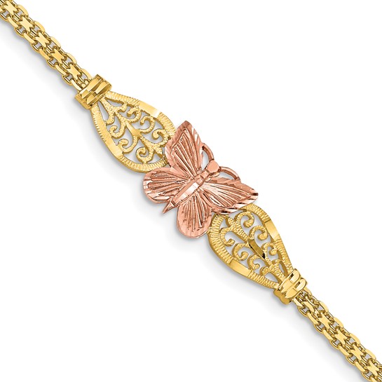 14K Two-tone Gold Butterfly Fleur De Lis Bracelet