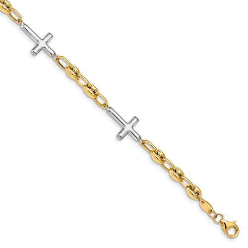 14k Two-tone Gold Sideways Cross Bracelet