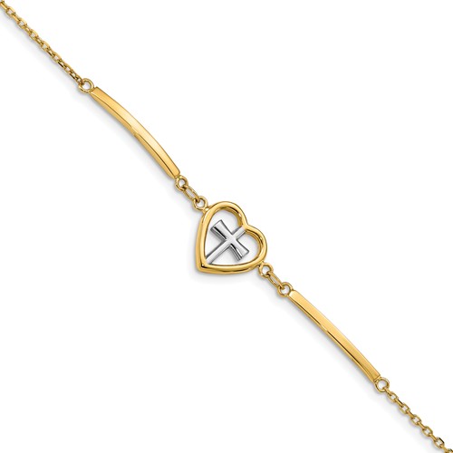 14k Two-tone Gold Heart and Cross Bar Bracelet