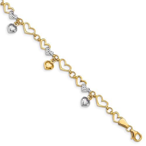14k Two-tone Gold Heart Charm Bracelet with Heart Links