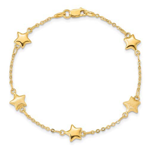14k Yellow Gold Italian Brushed and Polished Stars Charm Bracelet