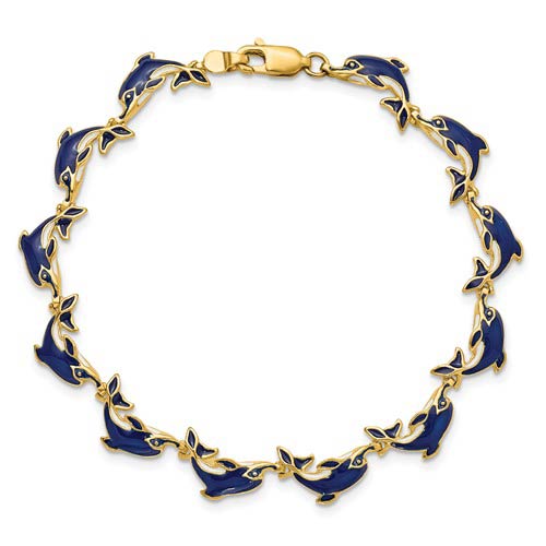 14k Yellow Gold Blue and White Enamel Dolphin Bracelet 7.25in FB1576-7.25