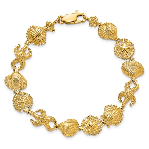 14k Yellow Gold Scallop Oyster Clam Shells & Sand Dollar Bracelet 7in