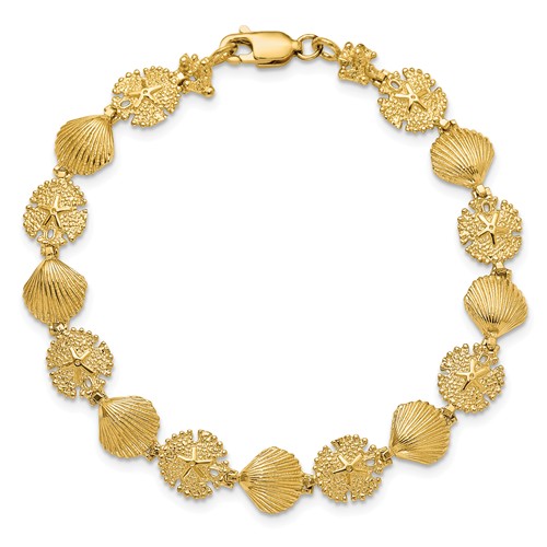 14k Yellow Gold Sand Dollar and Scallop Shell Bracelet 7in