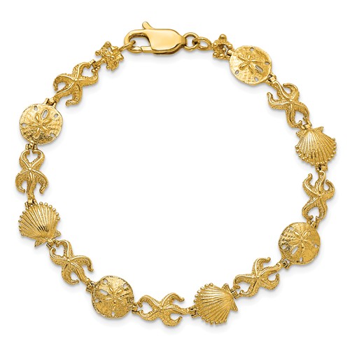 14k Yellow Gold Scallop Shell Sand Dollar And Starfish Bracelet 7in