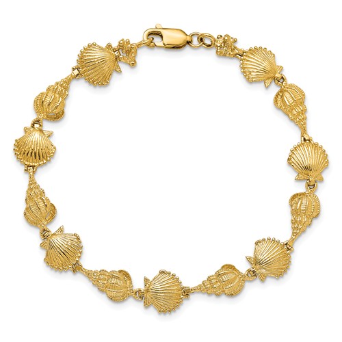 14k Yellow Gold Scallop and Conch Shells Charm Bracelet 7in