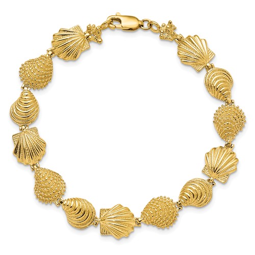 14k Yellow Gold Scallop and Oyster Shells Charm Bracelet 7in