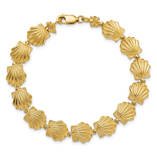 14k Yellow Gold Scallop Shell Charm Bracelet  Polished Finish 7.25in