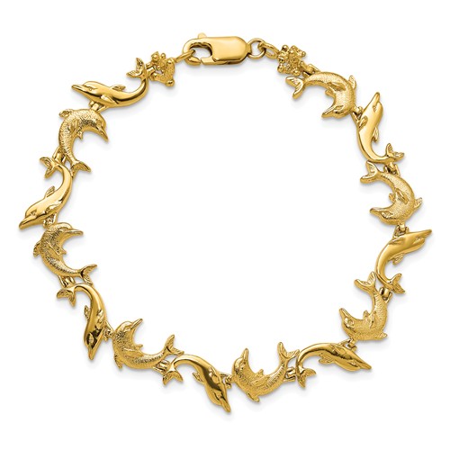 14k Yellow Gold Polished and Textured Dolphins Charm Bracelet 7.25in FB1698-7.25
