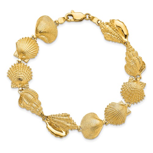 14k Yellow Gold Conch Clam Scallop Shells Charm Bracelet 7.25in