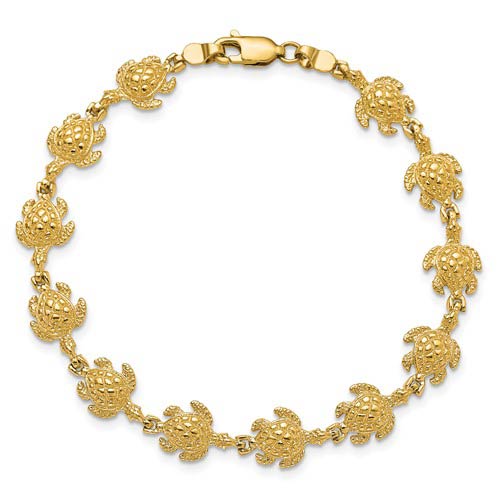 14k Yellow Gold Slender Turtle Charm Bracelet 7in