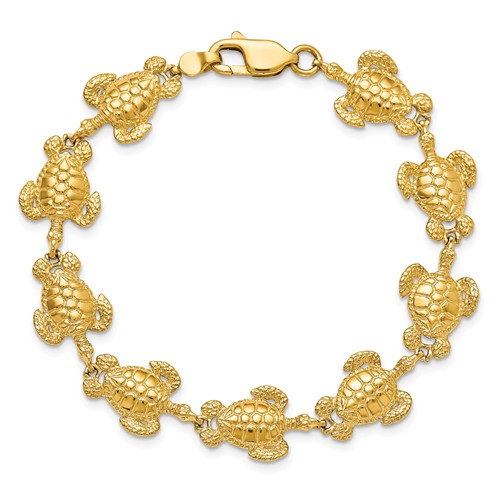 14k Yellow Gold Large Sea Turtle Charm Bracelet 7.25in