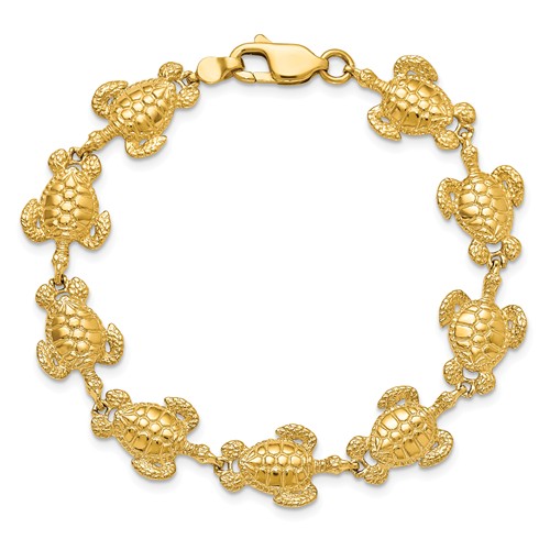 14k Yellow Gold Large Sea Turtle Charm Bracelet 7.25in