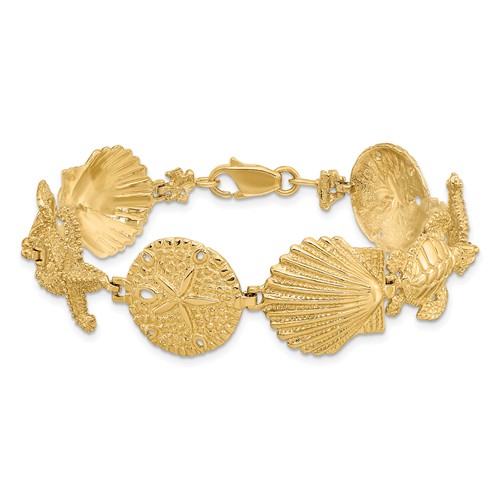 14k Yellow Gold Large Sand Dollar Starfish Sea Turtle Bracelet 7in