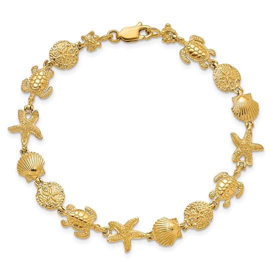 14k Yellow Gold Turtle Sand Dollar Shell and Starfish Bracelet