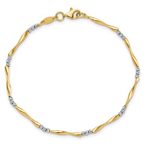 14K Two-tone Gold Diamond-cut Wavy Bead Bracelet 7.5in