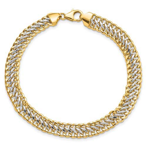 14k Yellow Gold and Rhodium Polished Wide Fancy Link Bracelet 8in