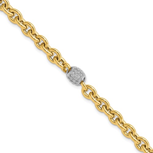14k Yellow Gold Cable Link Bracelet with CZ White Gold Barrel Accent