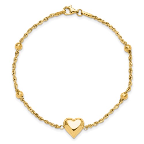 14k Yellow Gold Ropa Chain Link Heart Bracelet with Diamond-cut Beads 7.75in