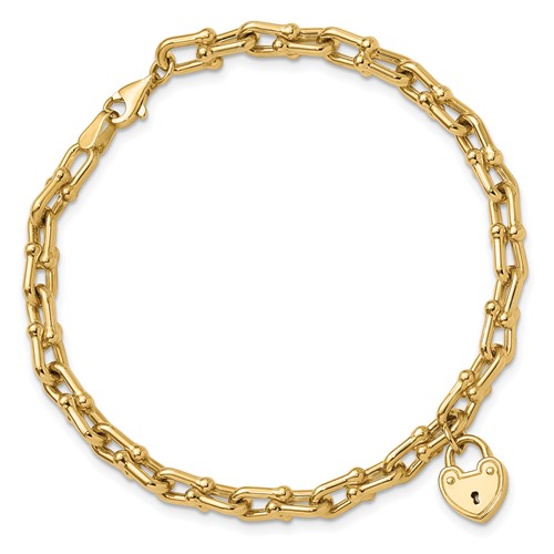 14k Yellow Gold Heart Lock Charm Jax Link Bracelet 7.5in