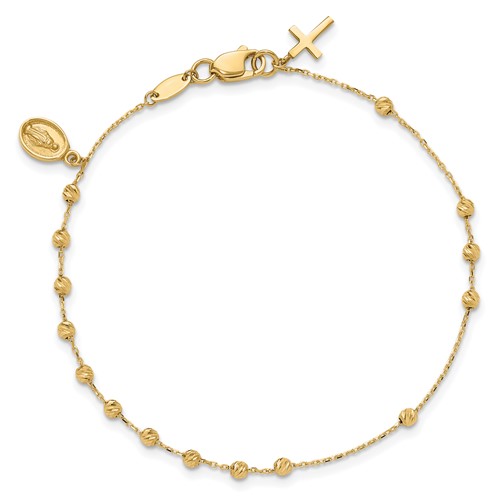 14k Yellow Gold Miraculous Medal and Cross Charms Rosary Bracelet 7.5in