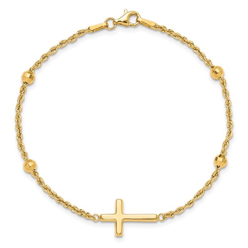 14k Yellow Gold Cross Charm Bracelet With Diamond-cut Beads 7.5in