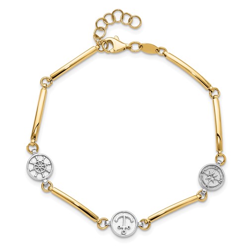 14k Two-tone Gold Compass Anchor Ships Wheel Charm Bracelet 7in