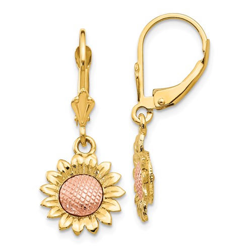 14k Two-Tone Gold Sunflower Leverback Earrings