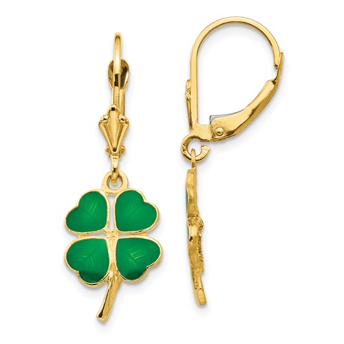 14k Yellow Gold Green Enamel Four Leaf Clover Leverback Earrings