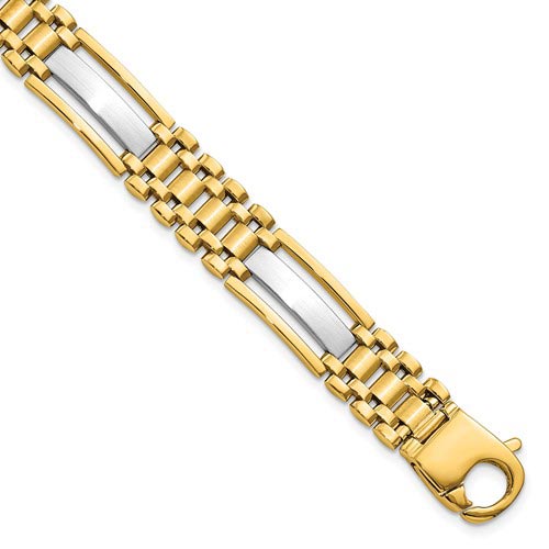 14k Two-tone Gold Men's Hollow Railroad Bar Link Bracelet 8.75in