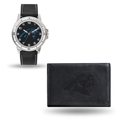 Carolina Panthers Black Faux Leather Watch and Wallet Gift Set
