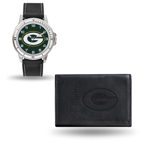 Green Bay Packers Black Faux Leather Watch and Wallet Gift Set GC4825