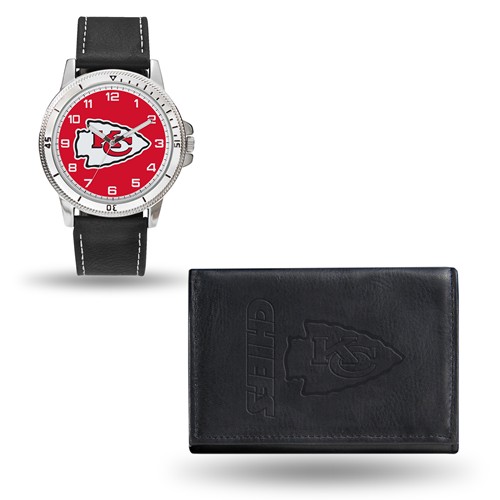 Kansas City Chiefs Black Faux Leather Watch and Wallet Gift Set
