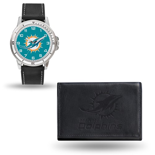 Miami Dolphins Black Faux Leather Watch and Wallet Gift Set
