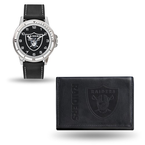 Oakland Raiders Black Faux Leather Watch and Wallet Gift Set