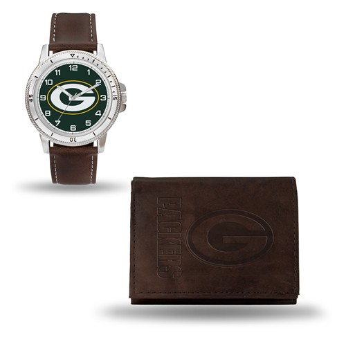 Green Bay Packers Brown Faux Leather Watch and Wallet Gift Set GC4857