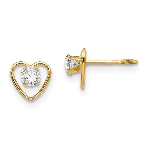 Madi K 3mm Cubic Zirconia Heart Earrings 14k Yellow Gold