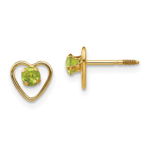 14kt Yellow Gold Madi K 3mm Peridot Birthstone Heart Earrings